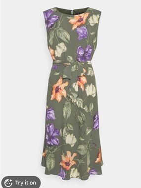 Lauren Ralph Lauren Floral Belted Crepe Dress Floral Motif Olive Dress Size 16